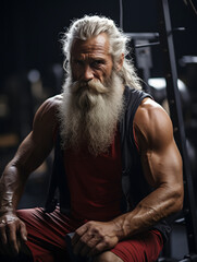 Fototapeta na wymiar Portrait of a senior man with long white beard working out in a gym. ia generated