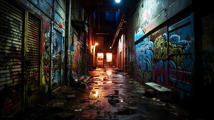 Image of a dark alley with graffiti on the walls.