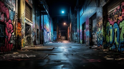 Image of a dark alley with graffiti on the walls. - obrazy, fototapety, plakaty