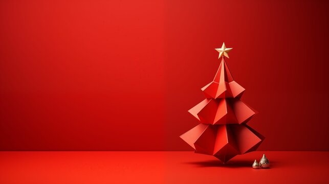 Image of a cute small paper Christmas tree on a red background.