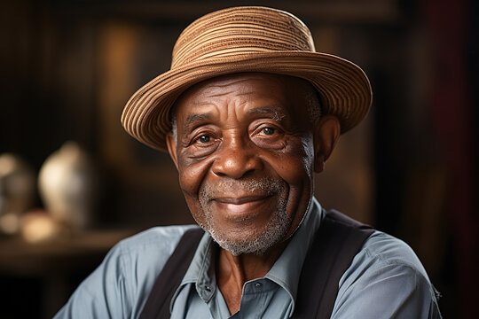 Portrait of a senior African man in a hat and jacket. ia generative