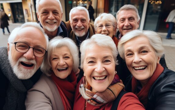 Group of happy smiling european senior people taking selfie