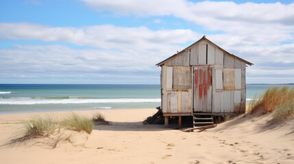 A rustic beach hut stands alone amidst sand dunes with the calm sea in the background.