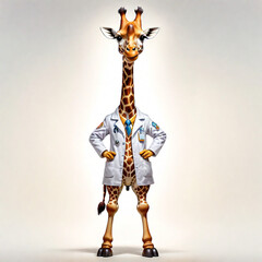Fototapeta premium anthropomorphic caricature giraffe wearing a chemistry clothing with chemical tools