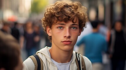 Cool sad lonely young American guy standing at city street. Stylish serious pensive sensitive vulnerable ethnic rebel hipster gen z teen boy looking at camera outdoors, close up portrait. - obrazy, fototapety, plakaty