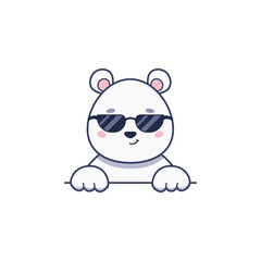 Cute happy polar bear in sunglasses in cartoon style. Vector flat illustration