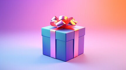3d gift box decorated with metallic ribbon bow isolated on tech style pastel gradient color background with copy space.