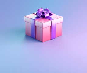 Obraz premium 3d gift box decorated with metallic ribbon bow isolated on tech style pastel gradient color background with copy space.