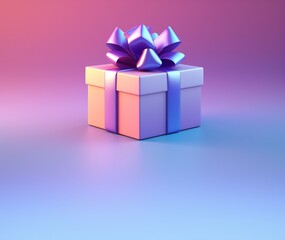 3d gift box decorated with metallic ribbon bow isolated on tech style pastel gradient color background with copy space.
