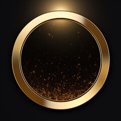 3d sparkling golden metal circle with shiny glitters isolated on black background.
