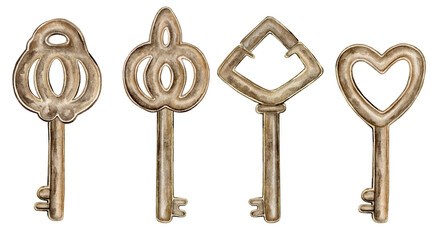 Watercolor hand drawing illustration set of vintage keys on isolated white background. assorted gold or bronze retro illustration of metal. design for valentine's day or other