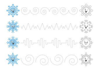 Tracing lines for kids. Handwriting practice for children. Coloring page with cute cartoon snowflakes. Vector illustration
