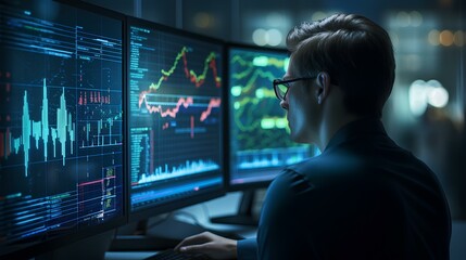 business analyst, deeply engrossed in examining a complex data visualization displayed on a futuristic digital interface. intricate patterns of data and graphs, intensity of the task. generative AI