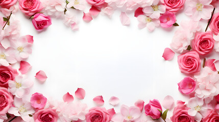 Roses and petals frame for card design, wallpaper, white background, invitation card.