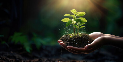 Hands holding small tree for planting with sunlight background and bokeh. World Environment Day. Ecology earth day and Forest conservation concept