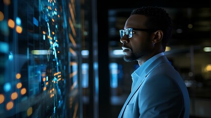 business analyst, deeply engrossed in examining a complex data visualization displayed on a futuristic digital interface. intricate patterns of data and graphs, intensity of the task. generative AI