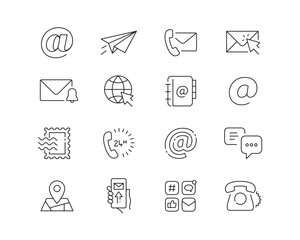 Contact and Address Icon collection containing 16 editable stroke icons. Perfect for logos, stats and infographics. Edit the thickness of the line in Adobe Illustrator (or any vector capable app).