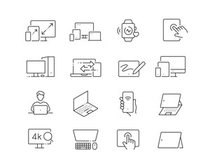 Screen Devices and Tech Icon collection containing 16 editable stroke icons. Perfect for logos, stats and infographics. Edit the thickness of the line in Adobe Illustrator (or any vector capable app).