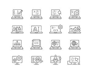 Web Development Icon collection containing 16 editable stroke icons. Perfect for logos, stats and infographics. Edit the thickness of the line in Adobe Illustrator (or any vector capable app). - obrazy, fototapety, plakaty
