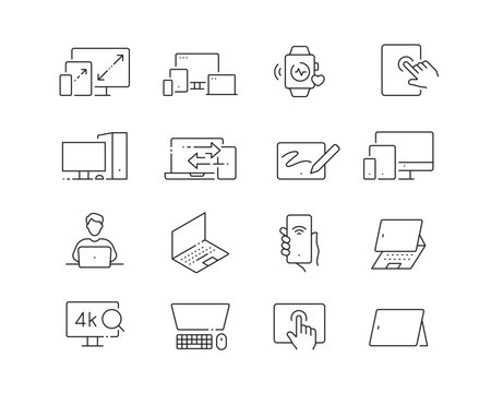 Screen Devices and Tech Icon collection containing 16 editable stroke icons. Perfect for logos, stats and infographics. Edit the thickness of the line in Adobe Illustrator (or any vector capable app).