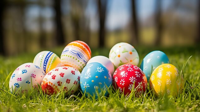Image of painted Easter eggs on a green meadow.