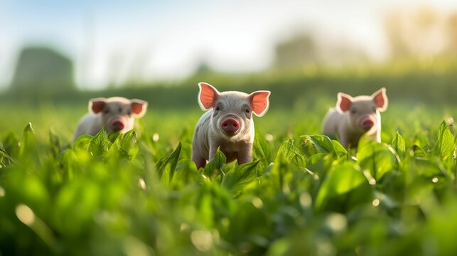 Image of organic piglets grazing freely in a lush green pasture.