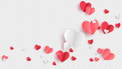 Valentines hearts postcard. Paper flying elements on transparent background. Vector symbols of love in shape of heart for Happy Women's, Mother's, Valentine's Day, birthday greeting card design. PNG	