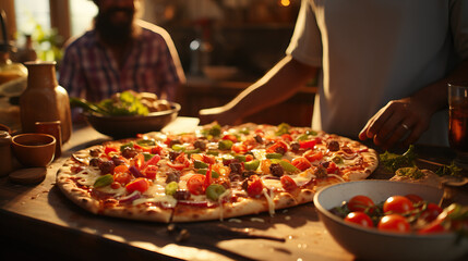 Close-Up of Family Preparing and Enjoying Homemade Pizza Night. Concept of Culinary Togetherness, Homemade Delights, and Family Fun.