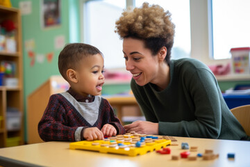A speech therapist at an inclusive center works with a child with autism generative ai