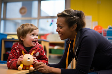 A speech therapist at an inclusive center works with a child with autism generative ai