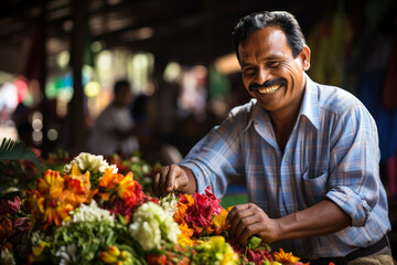 Mexican man at the market selling flowers generative ai