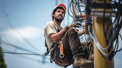 electrician on a power pole repairing wiring generative ai - obrazy, fototapety, plakaty