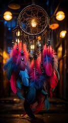 Fototapeta premium Vibrant dream catcher with multicolored feathers, each one lit by a different neon light, against a backdrop of urban darkness.