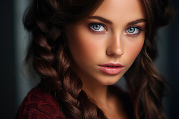 Fototapeta premium portrait of a beautiful brunette with braided hair generative ai
