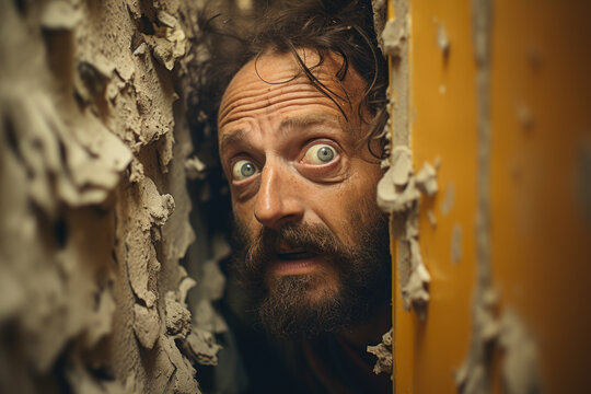 scared man between stones in a narrow space claustrophobia generative ai