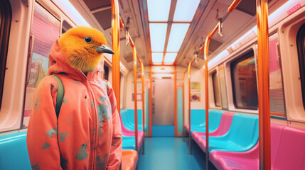 A yellow bird in a tracksuit in a colorful train. - obrazy, fototapety, plakaty