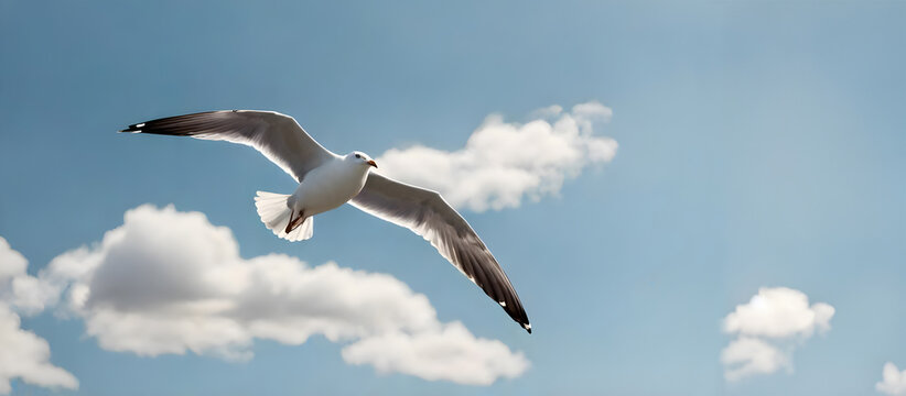 Copy space with clouds in the blue sky and a seagull flying over the sea.