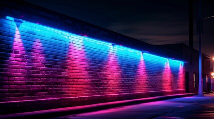 Neon lights casting a glow on textured brick walls.