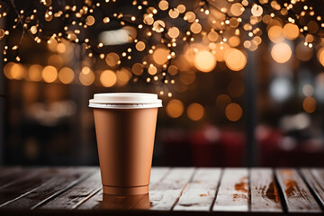 paper cup of coffee to take away, a mockup. coffee to go, a table in a cafe. empty space for your text.