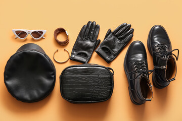 Set of stylish female accessories with leather gloves on color background