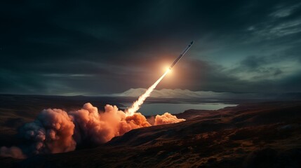 The rocket soars into space, leaving behind a plume of fiery exhaust gases.