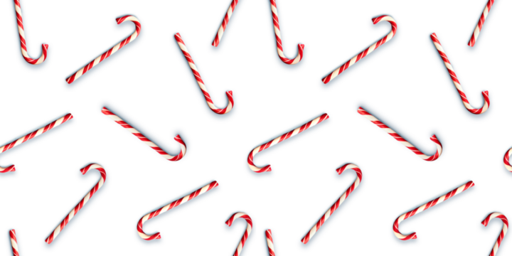 Seamless pattern with Christmas candies isolated on on transparent background. Creative minimal X-mas art. Copy space. Flat lay.