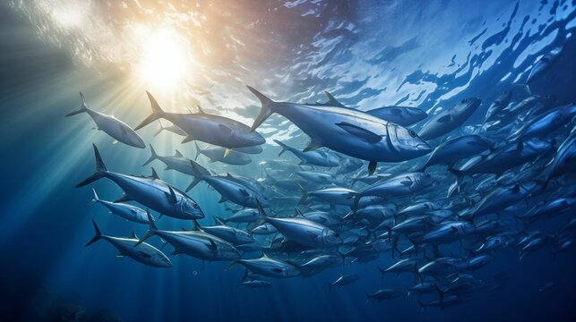 Swarm of tuna fish swimming in the sea.