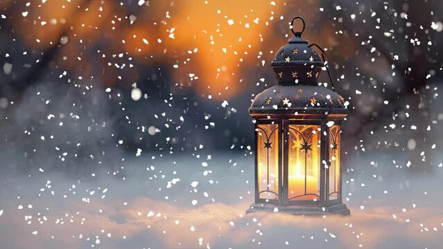Old lantern glowing outdoors in the snow
