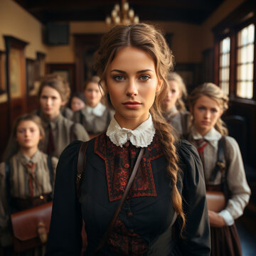 Portrait of beautiful female teacher in school of 1800s