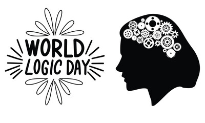 World Logic Day text banner. Handwriting text and woman head with wheels mechanism inside. Hand drawn vector art.