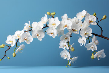 white orchids on a blue background. exotic flowers in close-up.