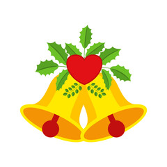 Two Christmas bells with heart and floral garland. Door wreath design element.