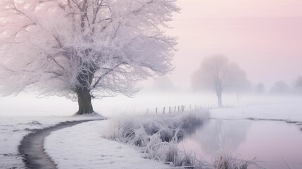 Winter landscape enveloped in soft fog and delicate snowfall.