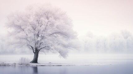 Fototapeta premium Winter landscape enveloped in soft fog and delicate snowfall.